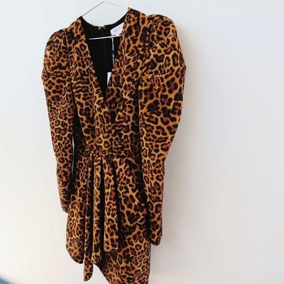 Lovers + Friends Dress Womens Small New Leopard Animal Print Puff Sleeve Mini - Picture 4 of 16